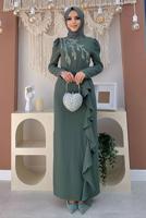 Tesettür giyim YEŞİL VOLANLI TAŞ İŞLEMELİ ELBİSE 0563 