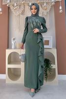 Tesettür giyim YEŞİL VOLANLI TAŞ İŞLEMELİ ELBİSE 0563 