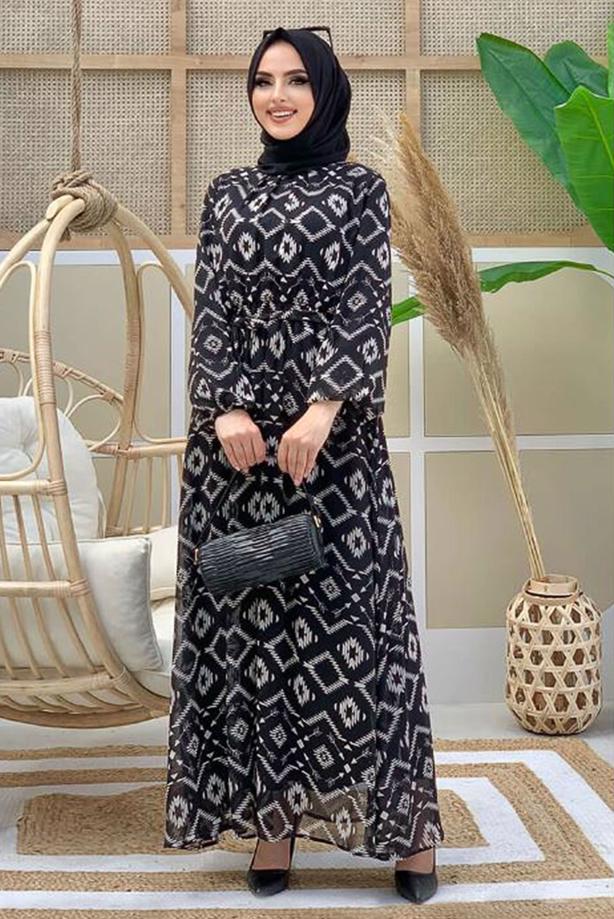 Tesettür giyim DESENLİ ŞİFON ELBİSE 0863 - TRENDTESETTÜR