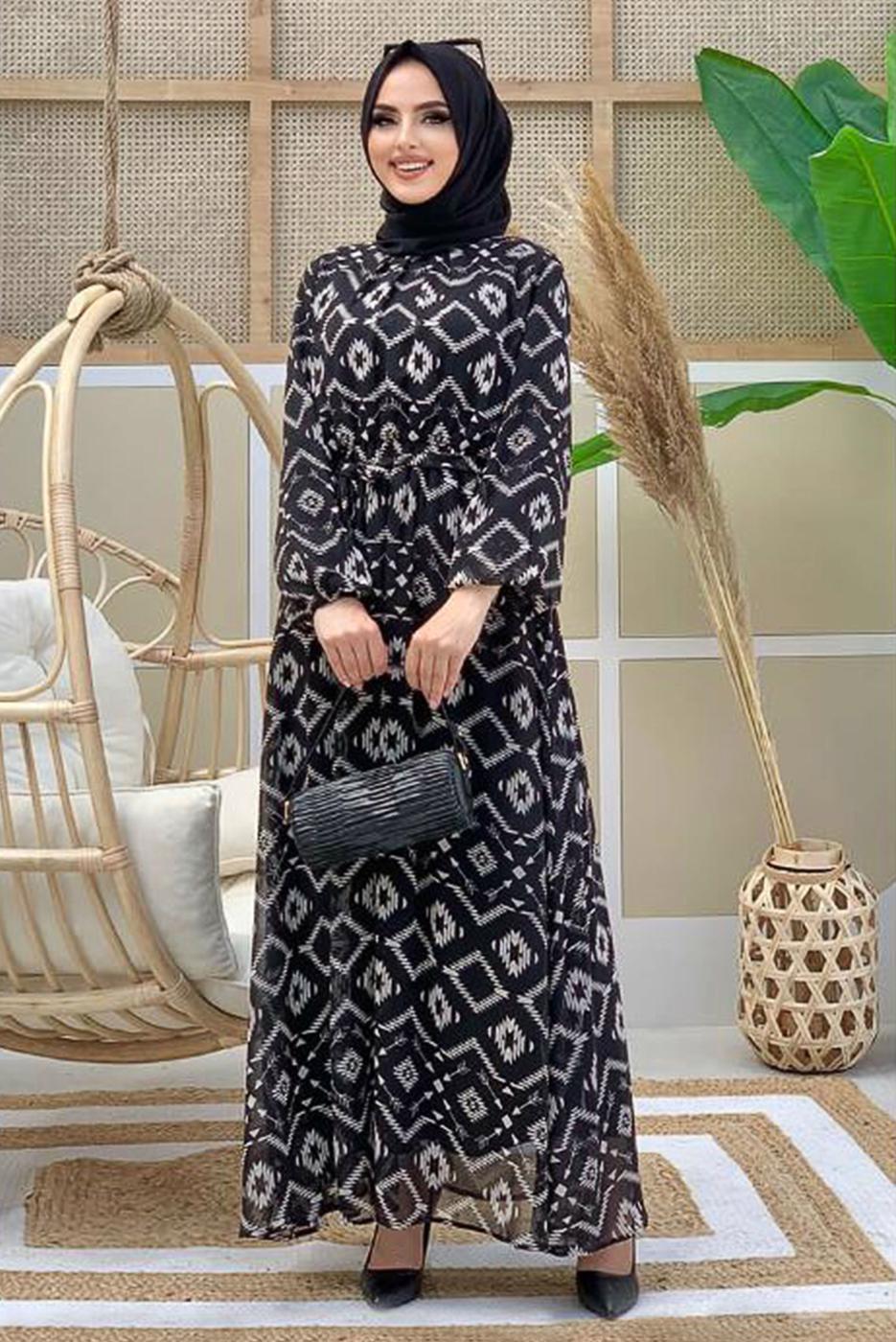 Tesettür giyim SİYAH DESENLİ ŞİFON ELBİSE 0863