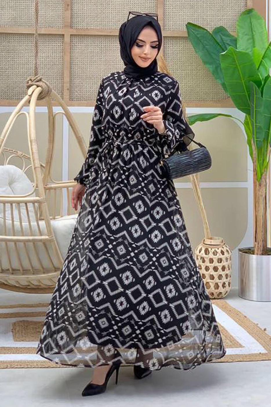 Tesettür giyim SİYAH DESENLİ ŞİFON ELBİSE 0863