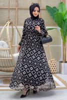 Tesettür giyim SİYAH DESENLİ ŞİFON ELBİSE 0863