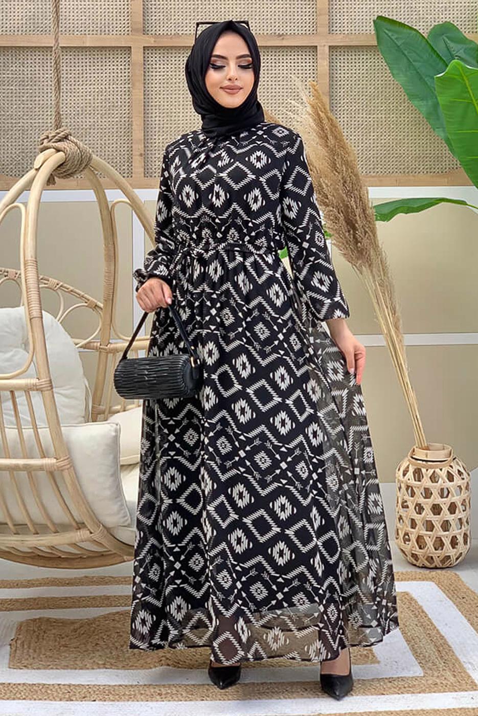 Tesettür giyim SİYAH DESENLİ ŞİFON ELBİSE 0863