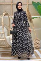 Tesettür giyim SİYAH DESENLİ ŞİFON ELBİSE 0863
