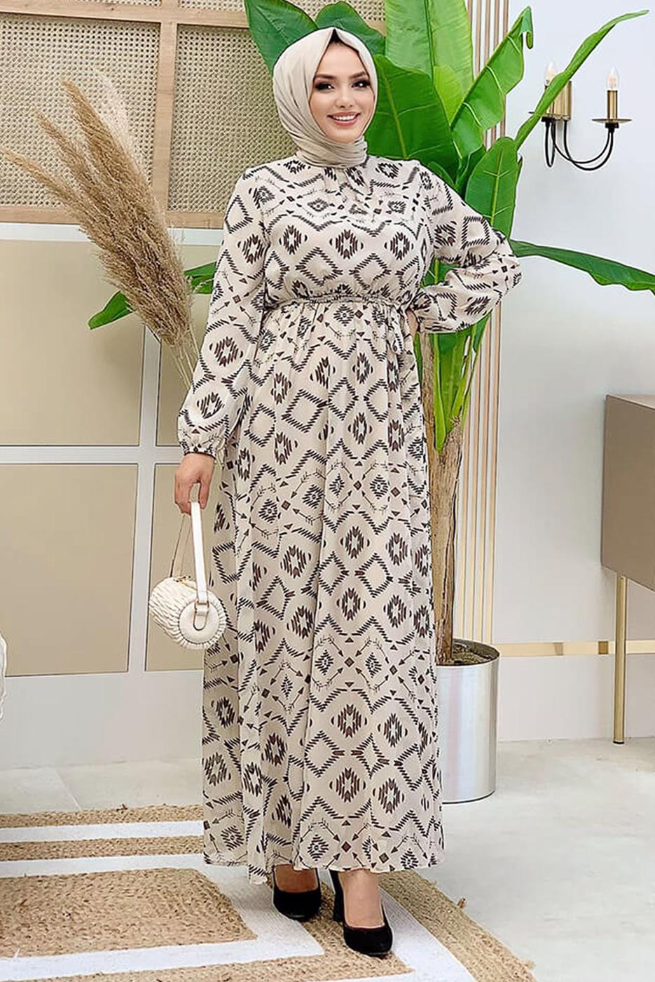 Tesettür giyim BEJ DESENLİ ŞİFON ELBİSE 0863