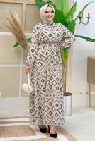 Tesettür giyim BEJ DESENLİ ŞİFON ELBİSE 0863