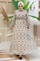 Tesettür giyim BEJ DESENLİ ŞİFON ELBİSE 0863
