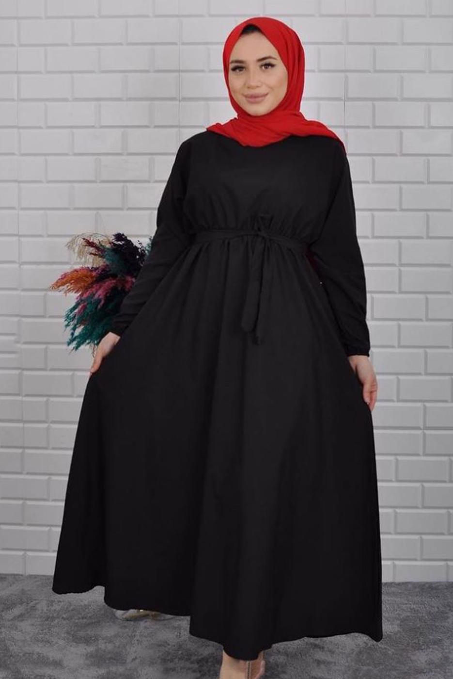 Vêtements hijab NOIR ROBE CEINTURÉE AVEC POIGNETS ÉLASTIQUE 0867