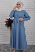 Vêtements hijab BLEU ROBE CEINTURÉE AVEC POIGNETS ÉLASTIQUE 0867