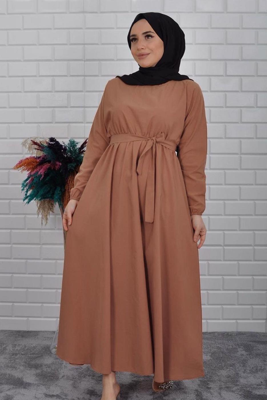 Vêtements hijab BRUN ROBE CEINTURÉE AVEC POIGNETS ÉLASTIQUE 0867
