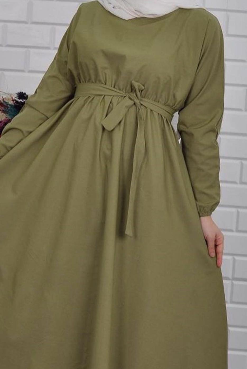 Vêtements hijab VERT ROBE CEINTURÉE AVEC POIGNETS ÉLASTIQUE 0867
