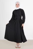 Tesettür giyim SİYAH DÜĞMELİ KUŞAKLI ELBİSE 09005
