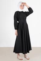 Tesettür giyim SİYAH DÜĞMELİ KUŞAKLI ELBİSE 09005