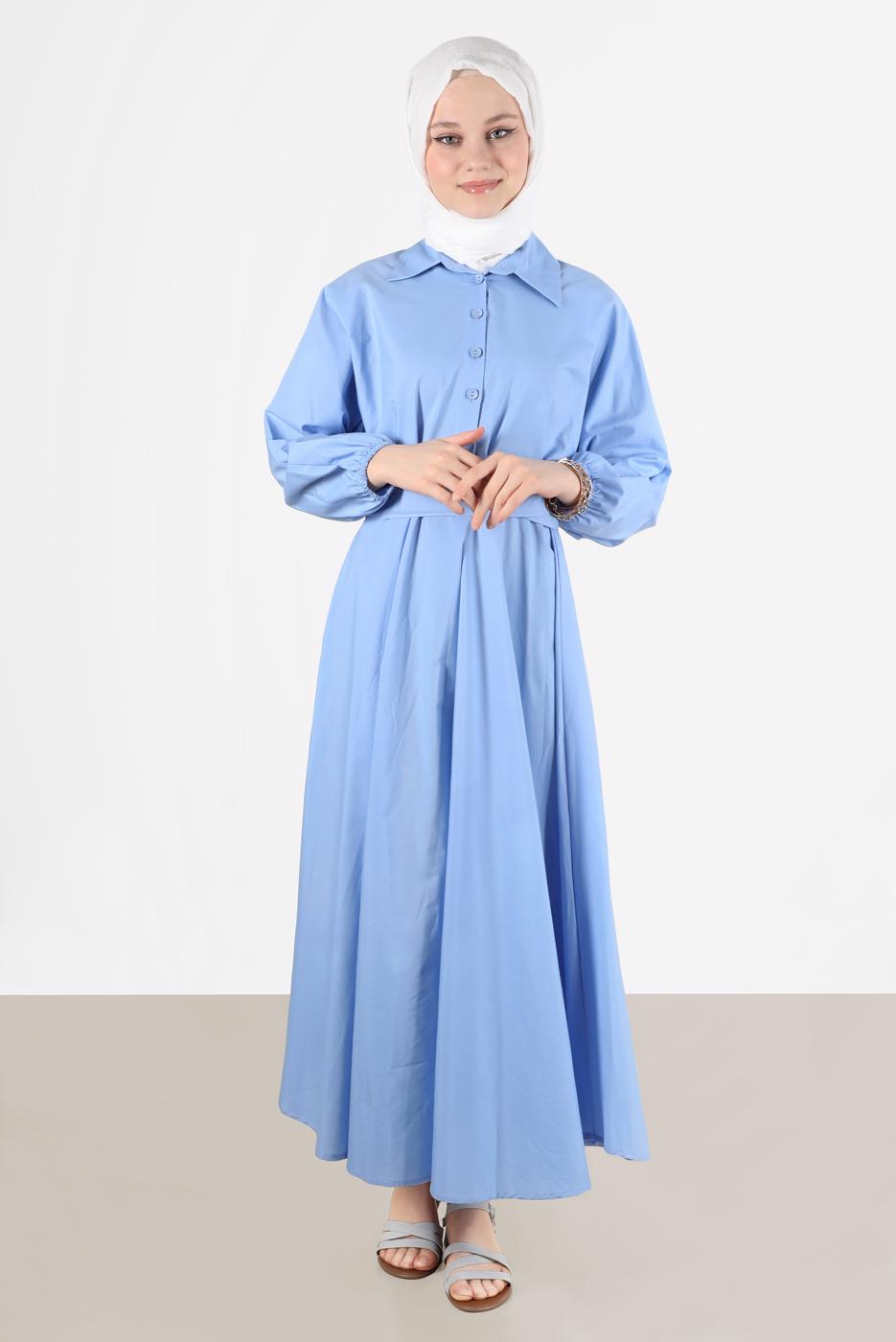 Vêtements hijab BLEU ROBE À CEINTURE ET BOUTONS 09005