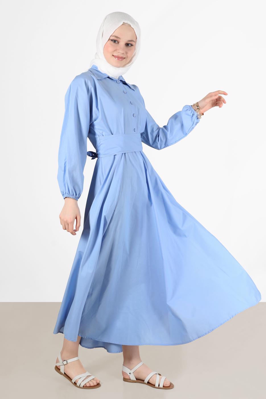 Vêtements hijab BLEU ROBE À CEINTURE ET BOUTONS 09005