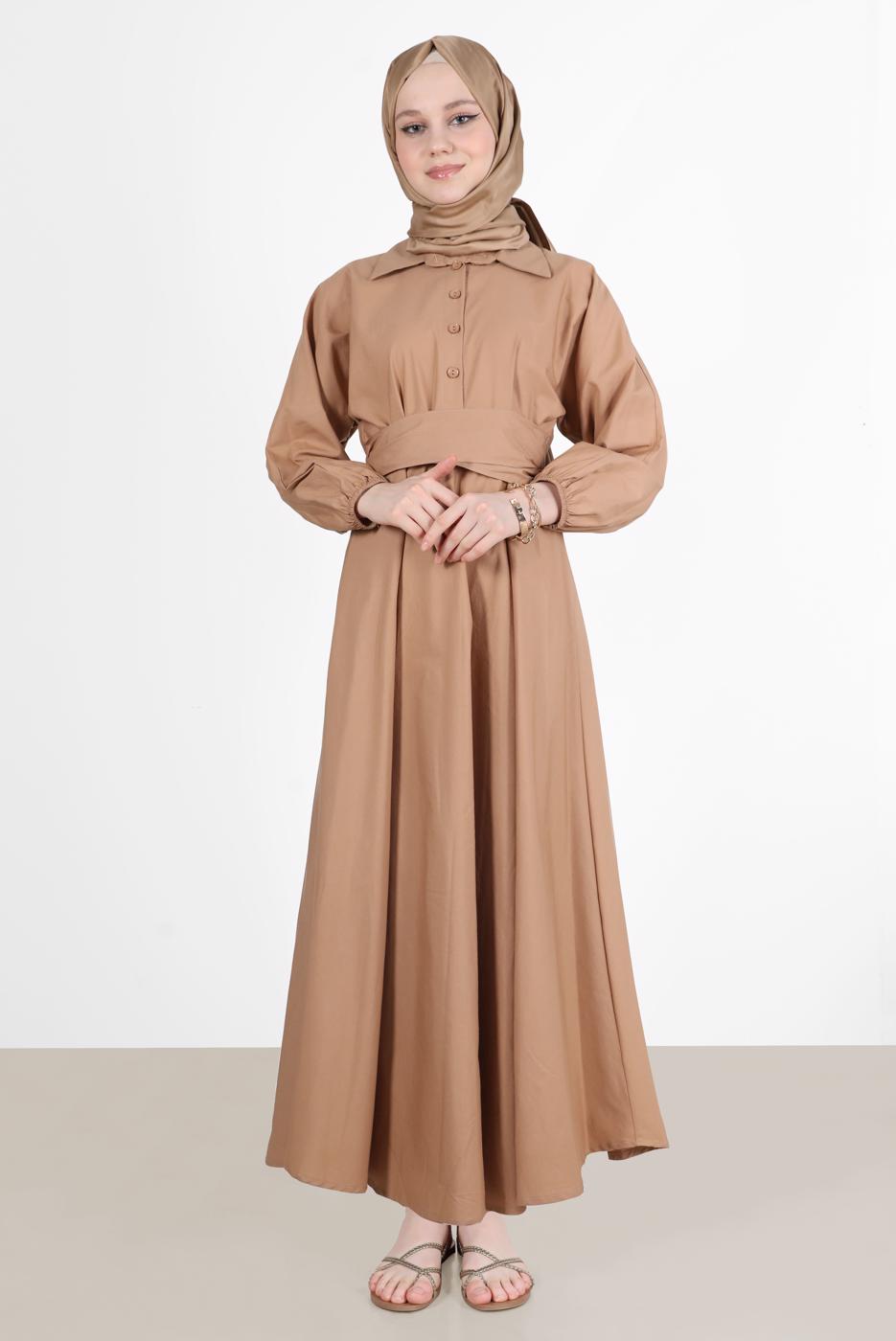 Tesettür giyim KAHVE DÜĞMELİ KUŞAKLI ELBİSE 09005