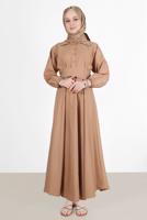 Tesettür giyim KAHVE DÜĞMELİ KUŞAKLI ELBİSE 09005