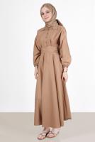 Tesettür giyim KAHVE DÜĞMELİ KUŞAKLI ELBİSE 09005