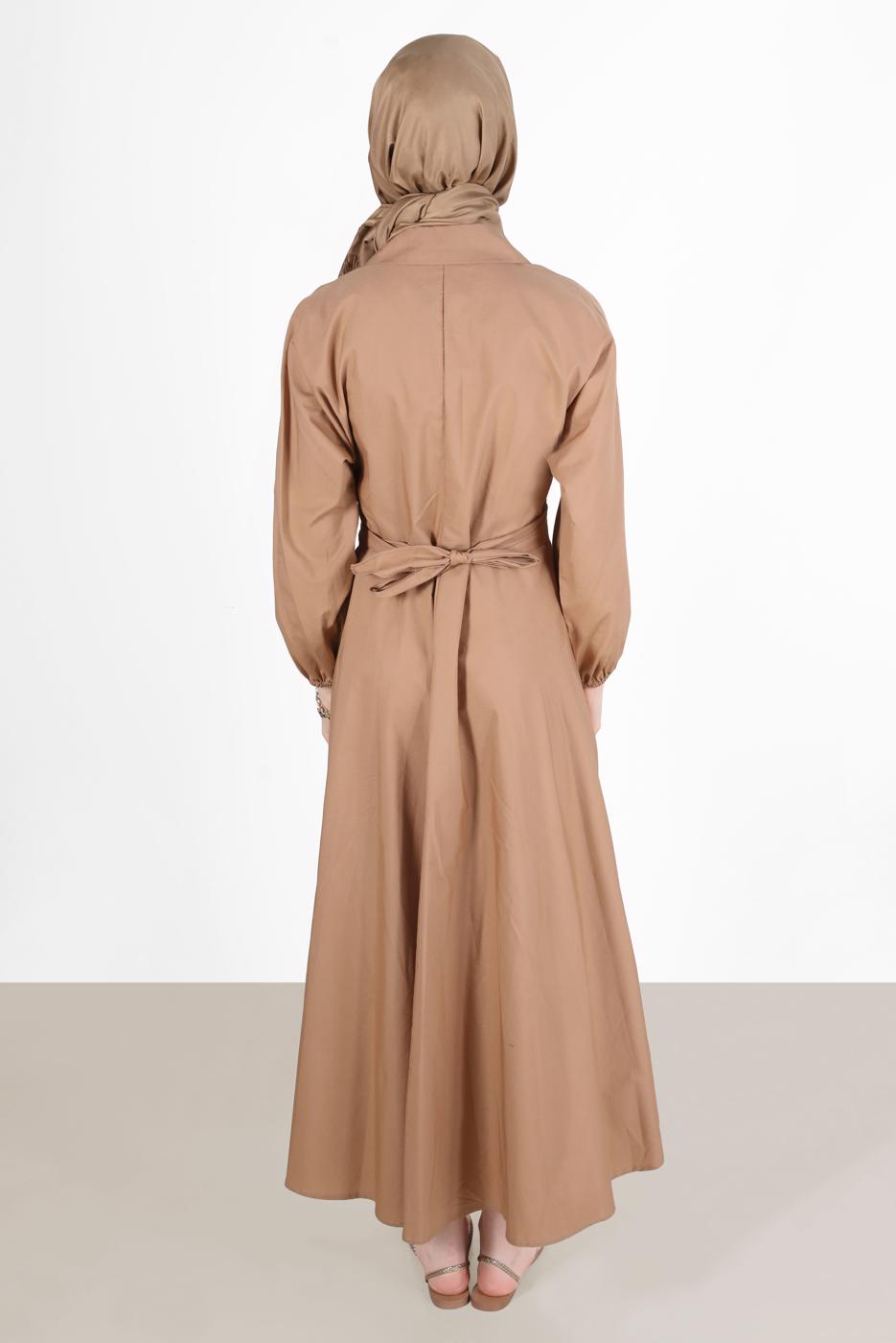 Tesettür giyim KAHVE DÜĞMELİ KUŞAKLI ELBİSE 09005
