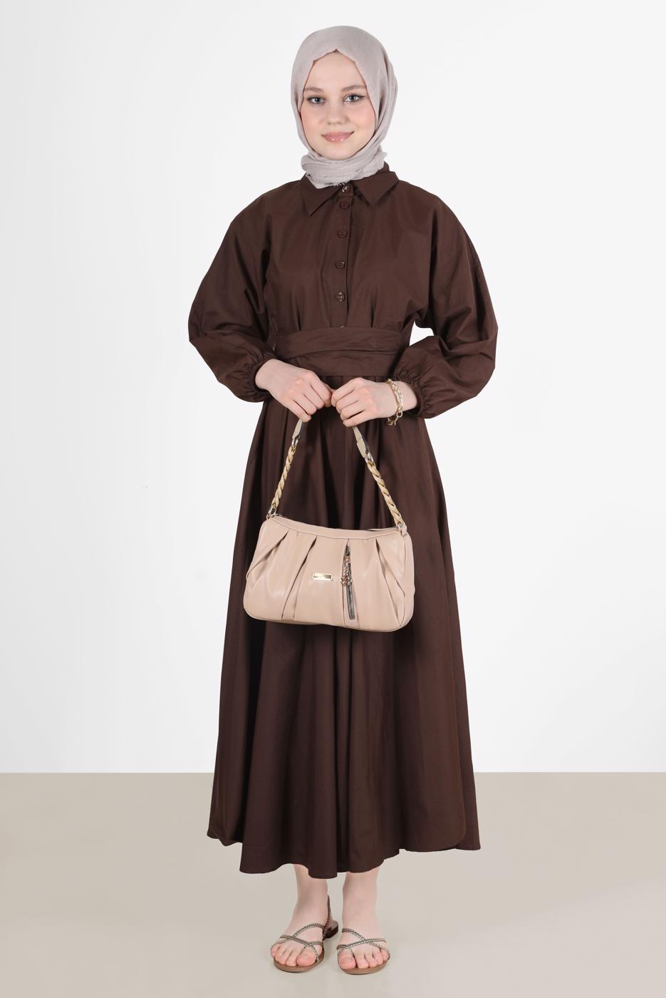 Tesettür giyim KAHVE DÜĞMELİ KUŞAKLI ELBİSE 09005