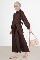 Tesettür giyim KAHVE DÜĞMELİ KUŞAKLI ELBİSE 09005