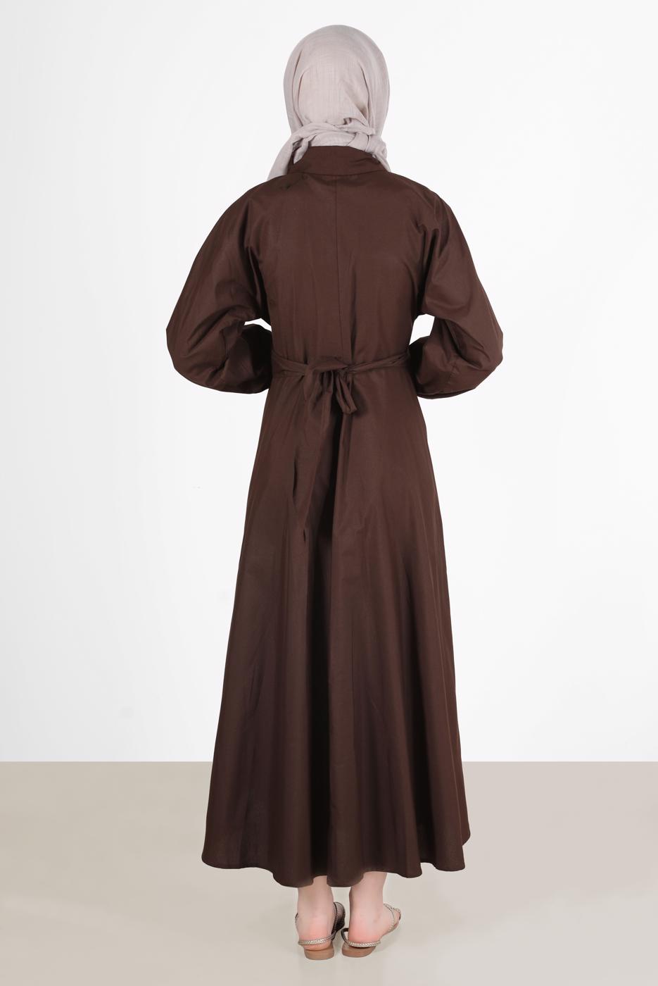 Tesettür giyim KAHVE DÜĞMELİ KUŞAKLI ELBİSE 09005