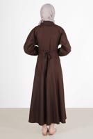 Tesettür giyim KAHVE DÜĞMELİ KUŞAKLI ELBİSE 09005