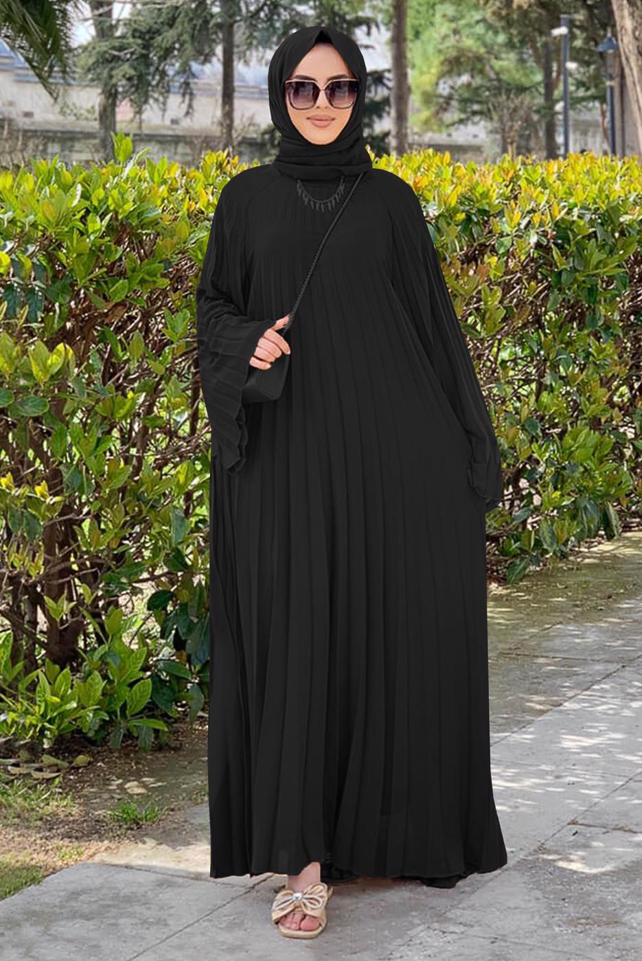 Tesettür giyim SİYAH PİLİSELİ SALAŞ ELBİSE 0963  