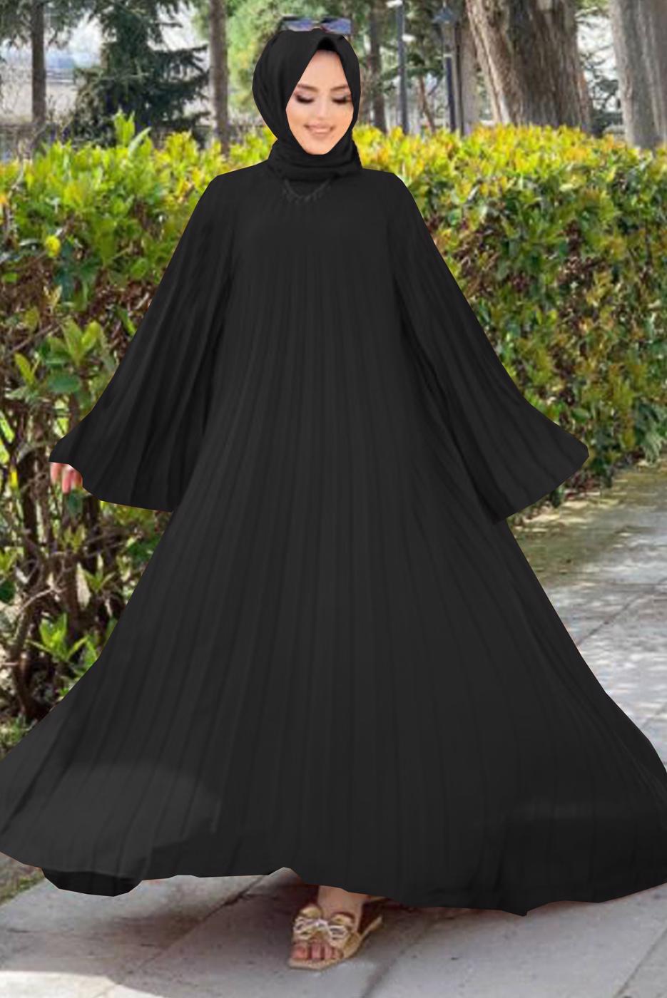 Tesettür giyim SİYAH PİLİSELİ SALAŞ ELBİSE 0963  