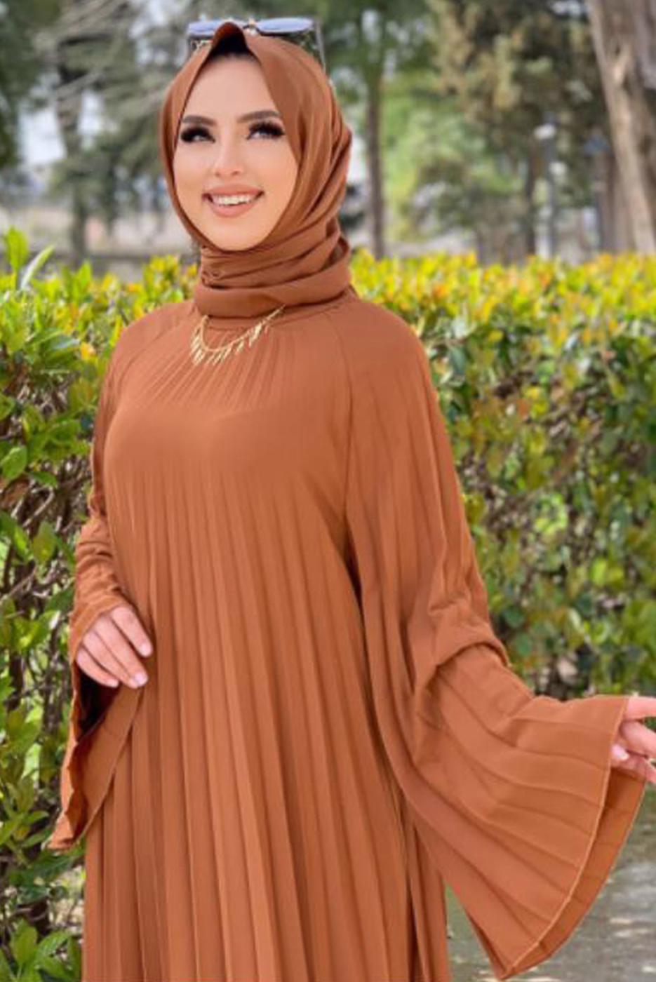 Tesettür giyim TABA PİLİSELİ SALAŞ ELBİSE 0963  