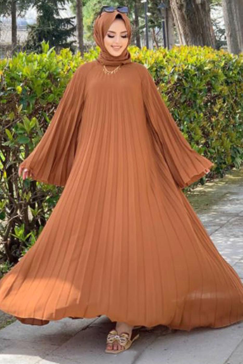 Tesettür giyim TABA PİLİSELİ SALAŞ ELBİSE 0963  