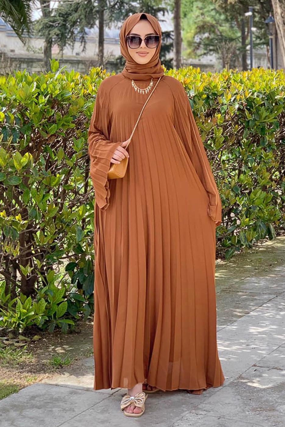 Tesettür giyim TABA PİLİSELİ SALAŞ ELBİSE 0963  