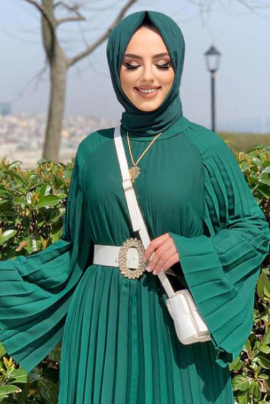 Tesettür giyim YEŞİL PİLİSELİ SALAŞ ELBİSE 0963  