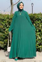 Tesettür giyim YEŞİL PİLİSELİ SALAŞ ELBİSE 0963  