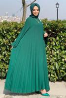 Tesettür giyim YEŞİL PİLİSELİ SALAŞ ELBİSE 0963  