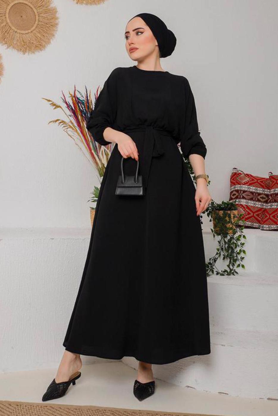 Tesettür giyim SİYAH MANŞETLERİ LASTİKLİ KUŞAKLI ELBİSE 1042 