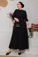 Tesettür giyim SİYAH MANŞETLERİ LASTİKLİ KUŞAKLI ELBİSE 1042 