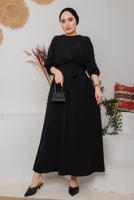 Tesettür giyim SİYAH MANŞETLERİ LASTİKLİ KUŞAKLI ELBİSE 1042 