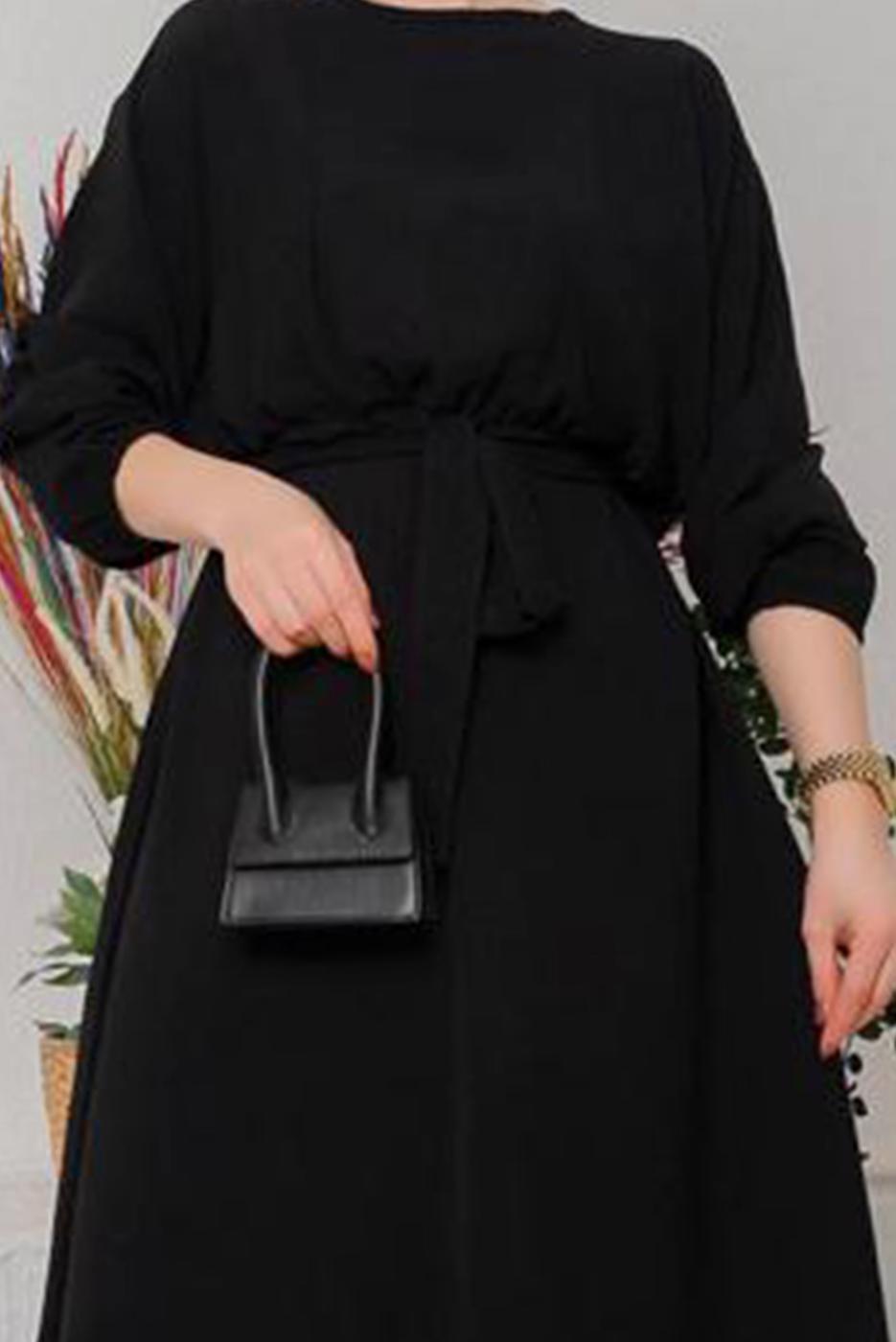 Tesettür giyim SİYAH MANŞETLERİ LASTİKLİ KUŞAKLI ELBİSE 1042 