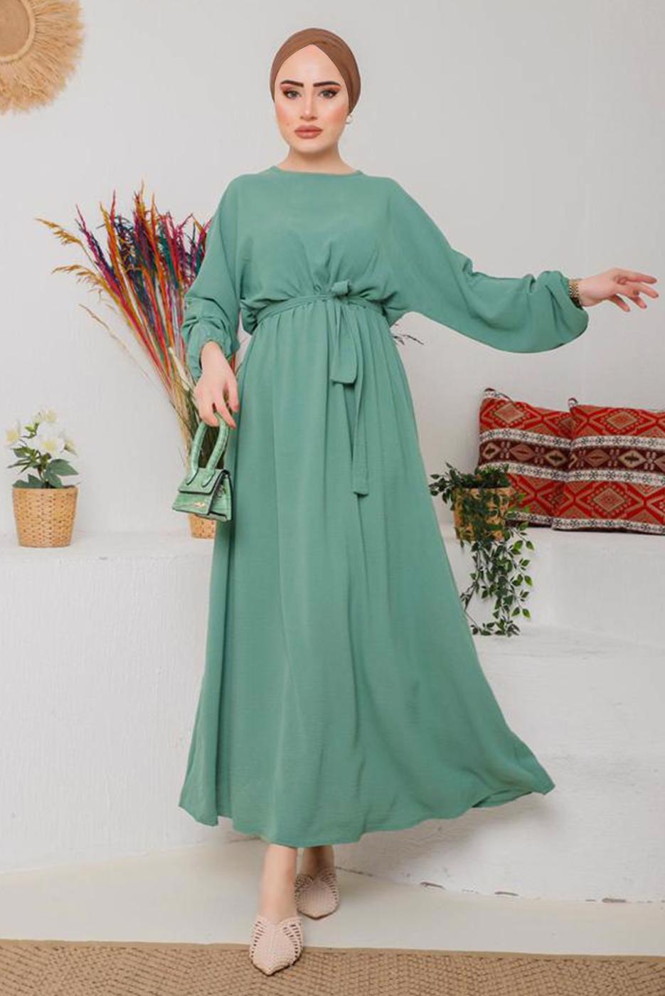 Tesettür giyim YEŞİL MANŞETLERİ LASTİKLİ KUŞAKLI ELBİSE 1042 