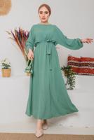 Tesettür giyim YEŞİL MANŞETLERİ LASTİKLİ KUŞAKLI ELBİSE 1042 