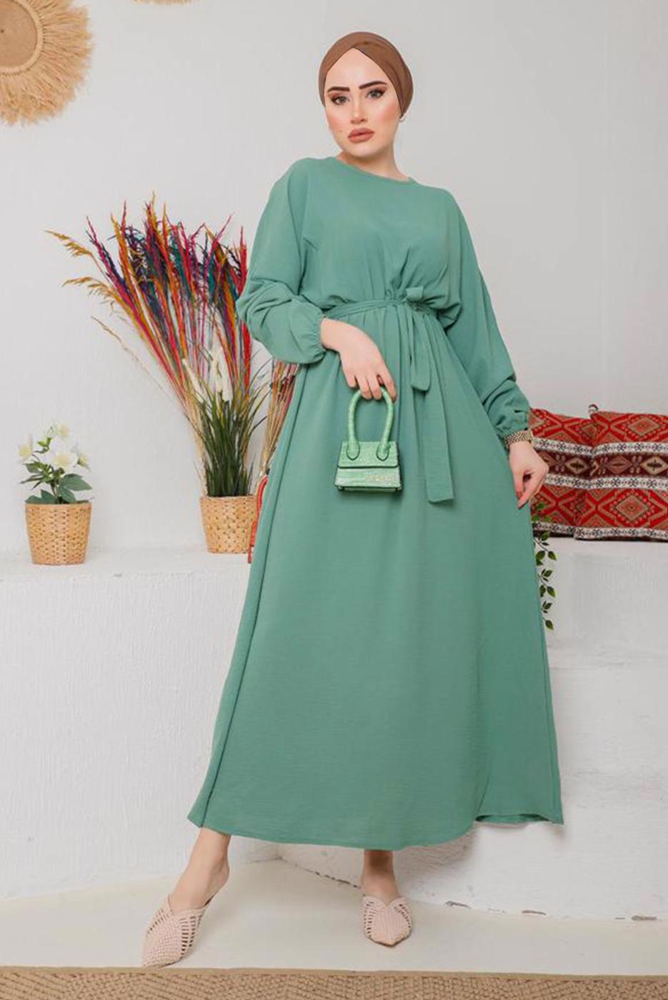 Tesettür giyim YEŞİL MANŞETLERİ LASTİKLİ KUŞAKLI ELBİSE 1042 