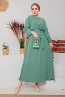 Tesettür giyim YEŞİL MANŞETLERİ LASTİKLİ KUŞAKLI ELBİSE 1042 