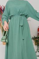 Tesettür giyim YEŞİL MANŞETLERİ LASTİKLİ KUŞAKLI ELBİSE 1042 