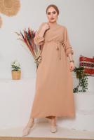 Tesettür giyim KAHVE MANŞETLERİ LASTİKLİ KUŞAKLI ELBİSE 1042 