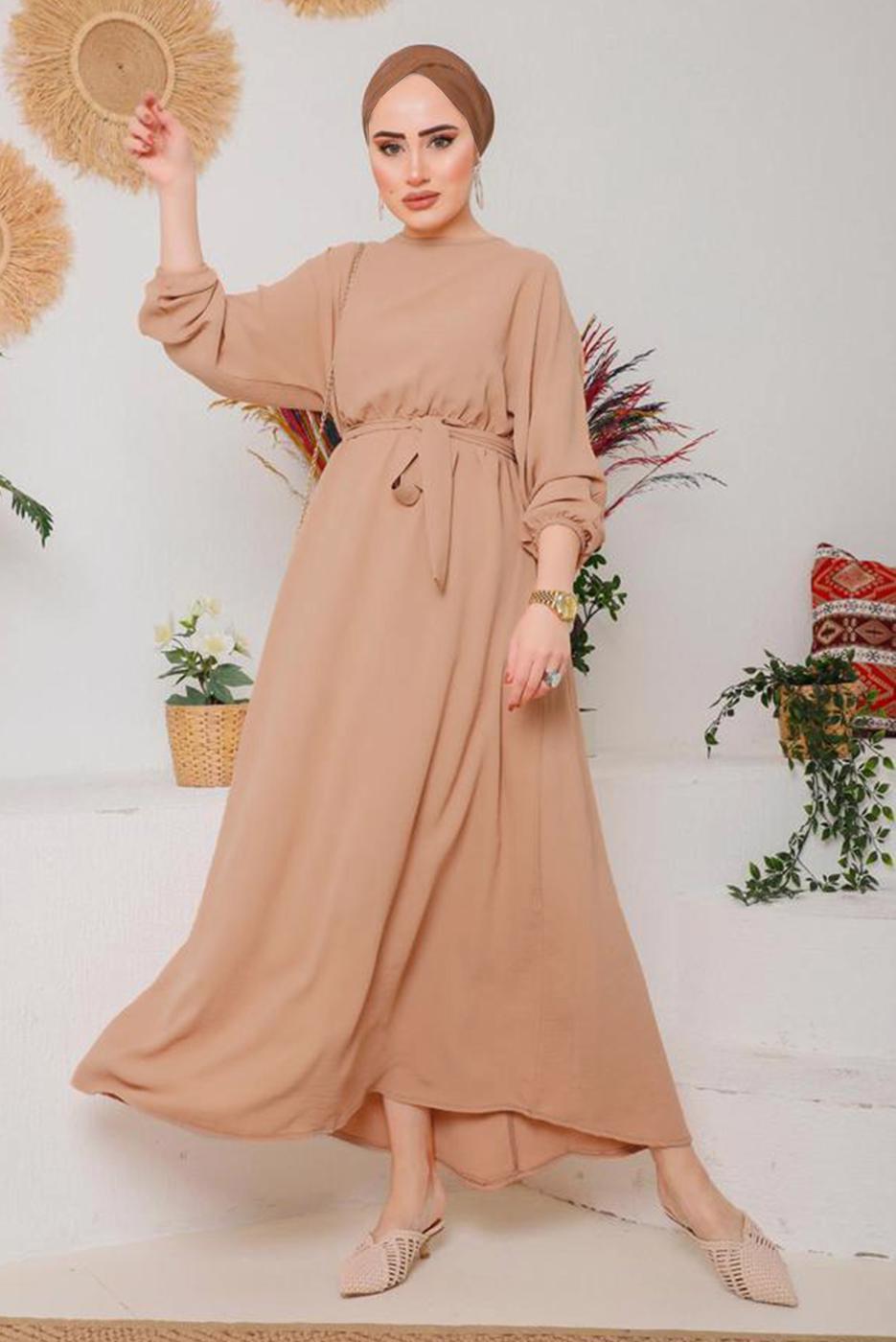 Tesettür giyim KAHVE MANŞETLERİ LASTİKLİ KUŞAKLI ELBİSE 1042 