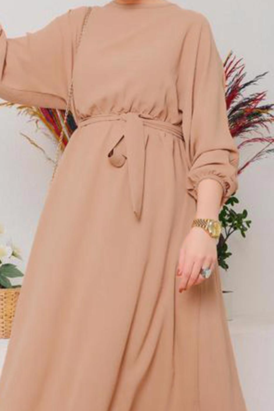 Tesettür giyim KAHVE MANŞETLERİ LASTİKLİ KUŞAKLI ELBİSE 1042 
