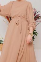 Tesettür giyim KAHVE MANŞETLERİ LASTİKLİ KUŞAKLI ELBİSE 1042 