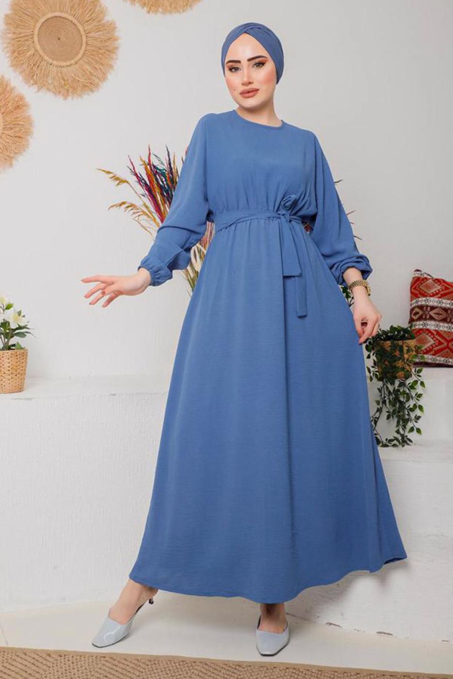 Vêtements hijab BLEU MARINE ROBE CEINTURÉE AUX POIGNETS ÉLASTIQUE 1042