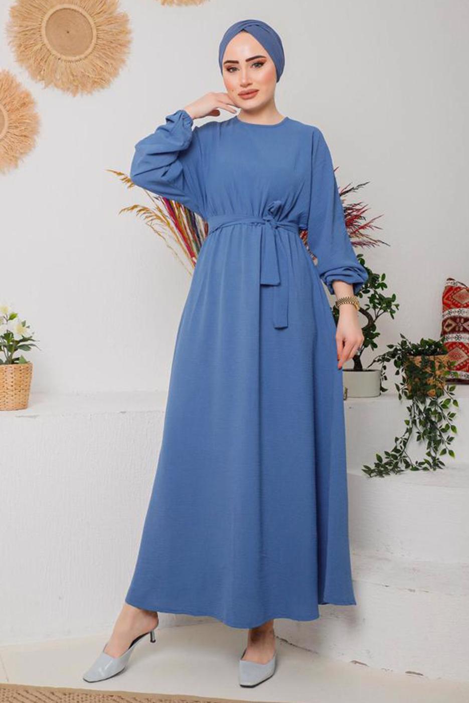 Vêtements hijab BLEU MARINE ROBE CEINTURÉE AUX POIGNETS ÉLASTIQUE 1042